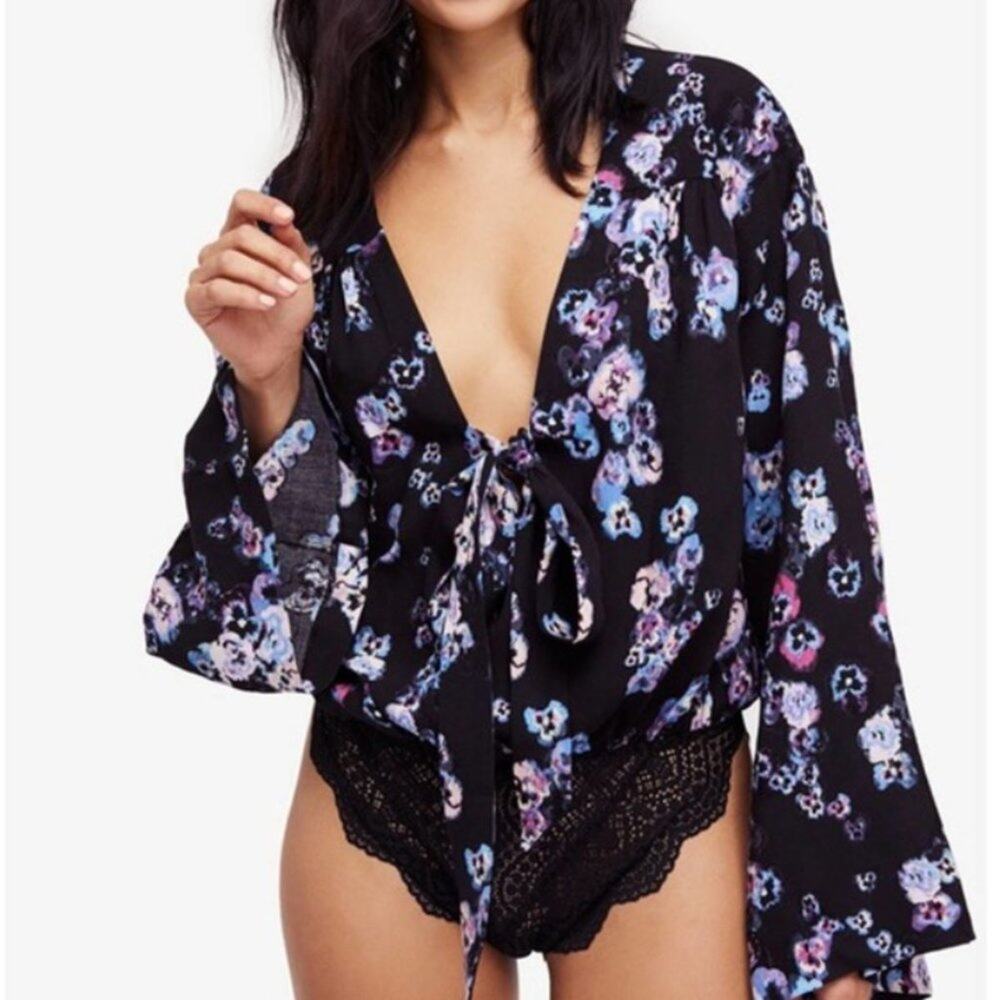 Free People Black Forties Feel Floral Bodysuit XS